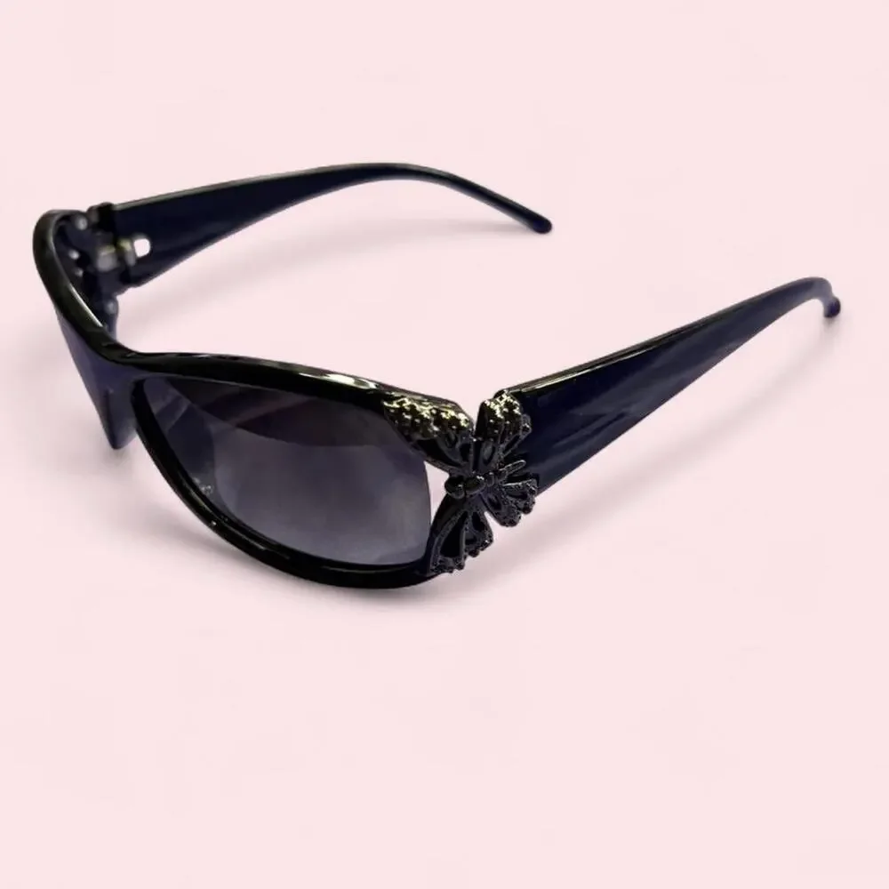 Fairycore black wrap sunglasses with sparkling butterfly whimsygoth dark fairy